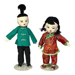 VTG Asian Japanese DOLLS 8" Embroidered Cloth Boy Girl Silk Kimono Top Pants